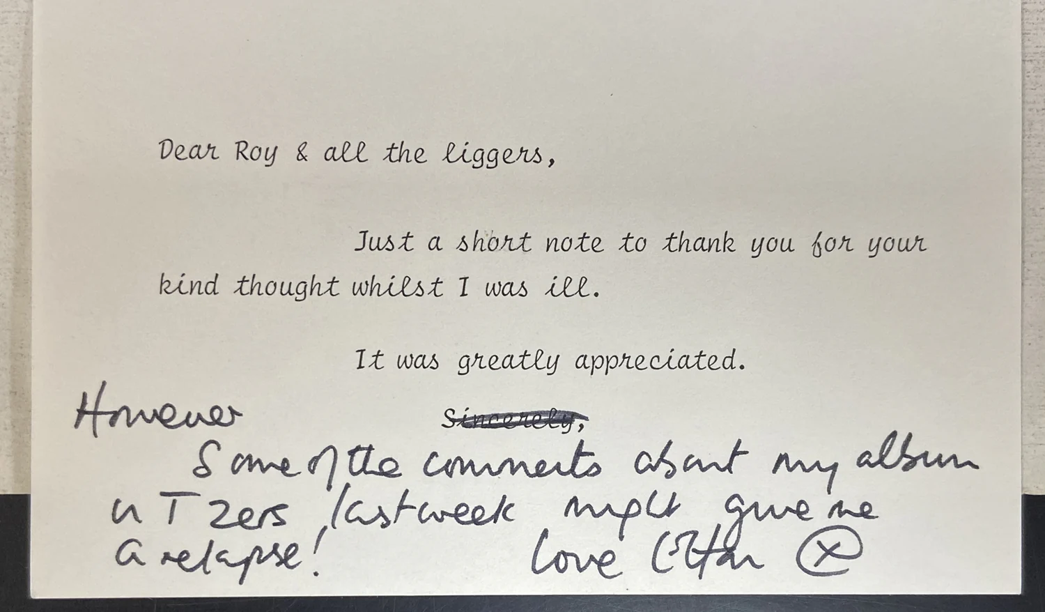 Signed Thank You Note To Roy Carr - Image 2